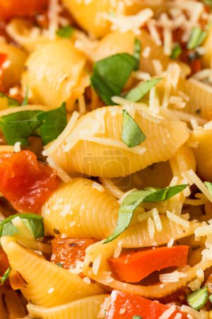 Téléchargez les photos : Pâtes Chonchiglie maison italienne à la tomate et au basilic - en image libre de droit
