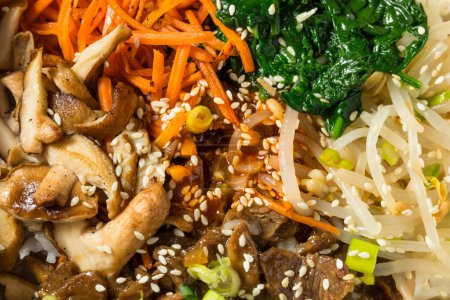 Hearty Korean Bibimbop Dish with Beef Mushrooms Carrots and Rice