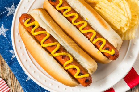 Photo for Patriotic American Memorial Day Hot Dogs with Potato Chips - Royalty Free Image