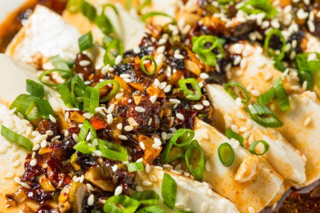 Téléchargez les photos : Tofu asiatique épicé en soie avec sauce chili et oignons verts - en image libre de droit