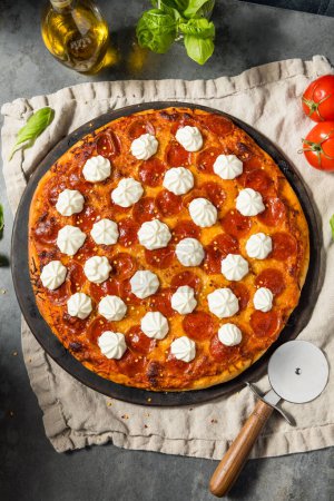 Téléchargez les photos : Pizza Pepperoni au miel chaud avec ricotta et basilic - en image libre de droit