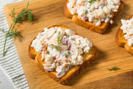 Cold Shrimp Toast Skagen on Bread with Mayo and Dill