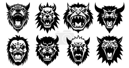 Ensemble de têtes de monstre à cornes à bouche ouverte et crocs nus, avec différentes expressions de colère du museau. Symboles pour tatouage, emblème ou logo, isolés sur un fond blanc.
