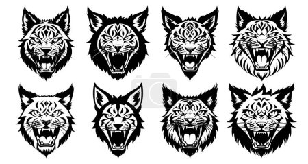Illustration for Set of lynx heads with open mouth and bared fangs, with different angry expressions of the muzzle. Symbols for tattoo, emblem or logo, isolated on a white background. - Royalty Free Image