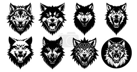 Illustration for Set of wolf heads with open mouth and bared fangs, with different angry expressions of the muzzle. Symbols for tattoo, emblem or logo, isolated on a white background. - Royalty Free Image