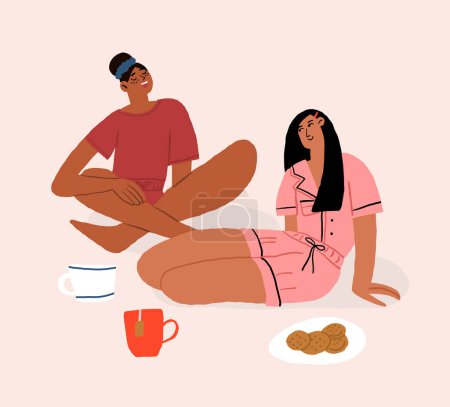 Ilustración de Dos chicas están hablando y bebiendo té. Amistad y comunicación de mujeres. Ilustración vectorial plana. Ilustración vectorial - Imagen libre de derechos
