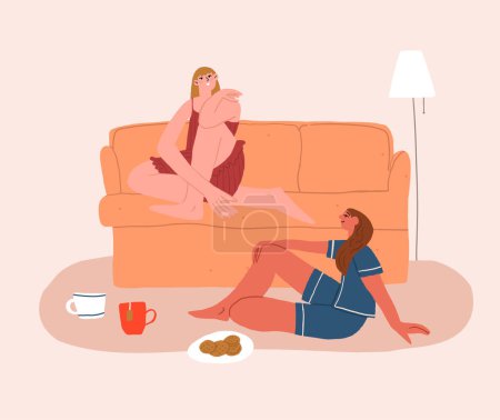 Ilustración de Dos chicas están hablando sentadas en el sofá. Amistad y comunicación de mujeres. Ilustración vectorial plana. Ilustración vectorial - Imagen libre de derechos