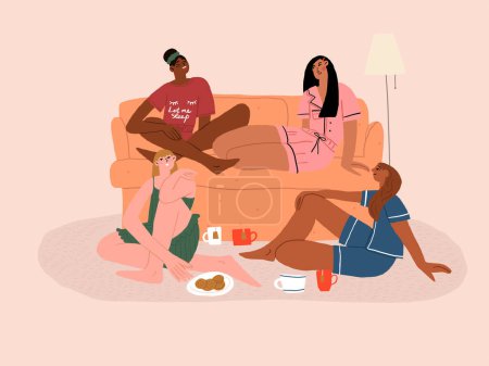 Ilustración de Cuatro chicas están hablando sentadas en el sofá. Amistad y comunicación de mujeres. Ilustración vectorial plana. Ilustración vectorial - Imagen libre de derechos