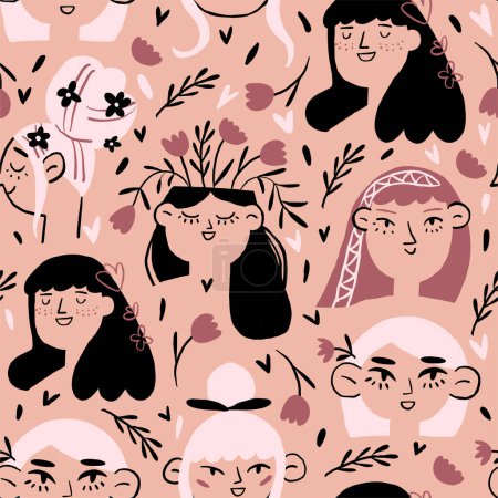 Illustration for Vector seamless pattern with romantic women portraits, flowers, heats in pastel colors. Romantic girls pattern. Vector illustration - Royalty Free Image