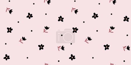 Illustration for Ditsy pattern. Simple vector black and white seamless texture with small flowers. Elegant abstract floral background. Minimal repeat design for decoration, textile, wallpapers, tileable print, cloth - Royalty Free Image