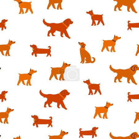 Illustration for Vector seamless pattern with cute dogs isolated on white, dachshund, jack russell, terrier, doberman with flowers, crowns, polka dots. Animal pattern, perfect for kids textile, nursery decor, fabric - Royalty Free Image