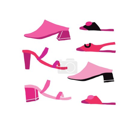 Illustration for Women shoes collection. Various types of female shoes boots, stilettos, wedgies, sandals, sneakers, flats, vector sketch illustration, isolated on white background. Vector illustration - Royalty Free Image
