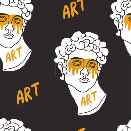 Illustration for Seamless pattern with greek sculptures. Men faces. Stylish black background. pop art, modern antiquity. Vector illustration - Royalty Free Image