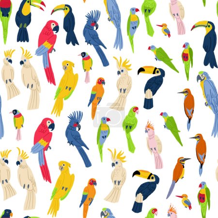 Ilustración de Coloridas aves exóticas vector patrón sin costura en blanco. Patrón de aves exóticas. Loro tropical mega colección. Ilustración vectorial - Imagen libre de derechos