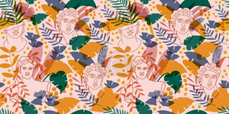Illustration for Vector seamless pattern with antique statues and tropical plants. Vector illustration - Royalty Free Image
