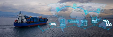 Téléchargez les photos : Conteneur cargo navire dans import export business logistique sur la carte du monde numérique avec des cyber-icônes - en image libre de droit