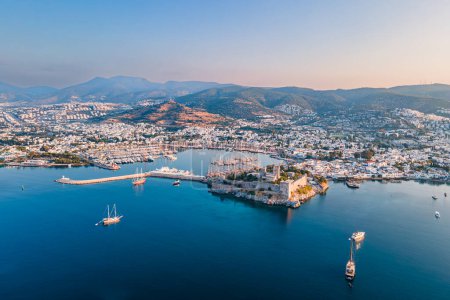Cityscape of Bodrum ancient castle in Bodrum town on Aegean coast, Aerial view