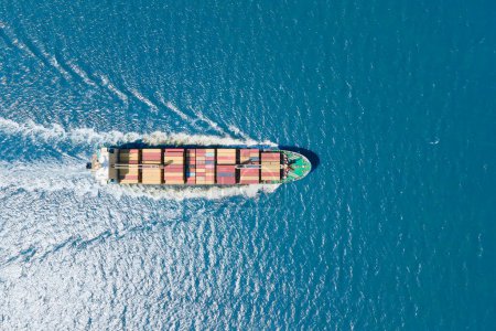Photo for Aerial top view Container ship full load container on sea, for logistics , shipping , import export or transportation - Royalty Free Image