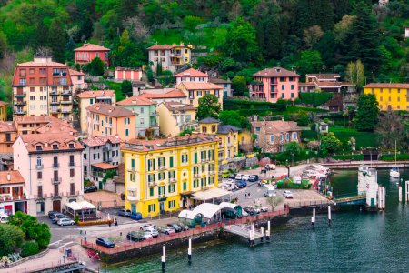 Varenna from lake view on cloudy day, an Italian resort town on the shores of Lake Como. Architecture historic on lake, the perfect vacation spot in Italy