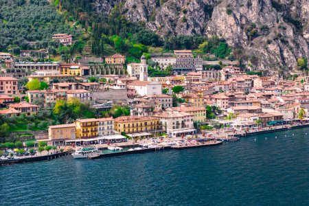 Historic Italian town of Limone Sul Garda on shore Lake Garda in Italy. Aerial view