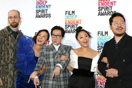 Photo for LOS ANGELES - MAR 4:  Daniel Scheinert, Ke Huy Quan, Michelle Yeoh, Stephanie Hsu, Daniel Kwan at the 2023 Film Independent Spirit Awards at the Tent on the Beach on March 4, 2023 in Santa Monica, CA - Royalty Free Image