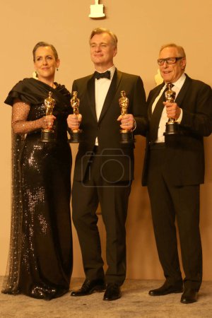 Photo for LOS ANGELES - MAR 10:  Christopher Nolan, Emma Thomas, Charles Roven at the 96th Academy Awards Press Room at the Dolby Theater on March 10, 2024 in Los Angeles, CA - Royalty Free Image