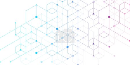 Illustration for Modern technology vector illustration with square grid. Technology banner template cubes texture. Digital geometric abstraction with lines and dots. - Royalty Free Image
