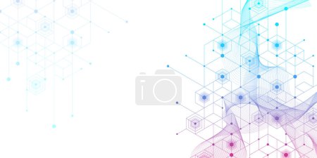 Illustration for Modern health care or medical background design. Health care innovation concept. Horizontal header web banner. Abstract geometric background with hexagon shapes for medicine, science, chemistry - Royalty Free Image