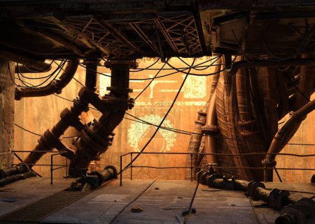 Téléchargez les photos : Installation industrielle Sci Fi ou Steampunk Urban Decay dans des tons dorés - en image libre de droit