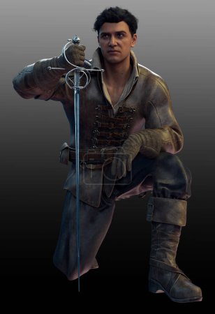 Fantasy männlicher Ritter oder Pirat in Lederrüstung mit Schwert und Pistole