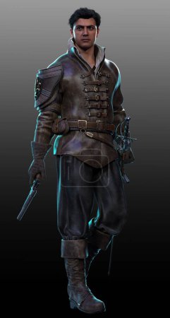 Fantasy Male Knight or Pirate in Leather Armor with Sword and Pistol
