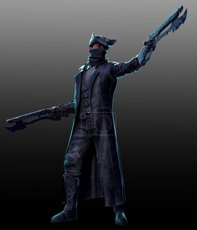 Fantasy Highwayman, Pirate, or Duellist in Leather Greatcoat, Mask and Tricorn Hat