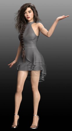 Téléchargez les photos : Belle femme brune en robe courte argentée, élégante - en image libre de droit