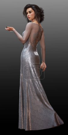 Schöne brünette Frau im langen silbernen Kleid, elegant