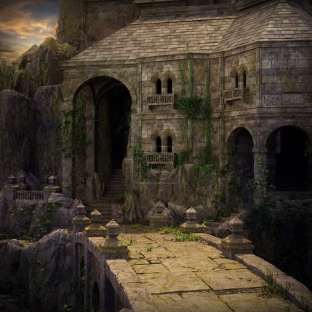 Photo for Fantasy Stone Castle or Monastery, Arched Gate, Arch Doorway, Ruins - Royalty Free Image