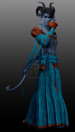 Fantasy Demon With Curved Horns and Pointed Tail Wearing Desert Robes, Blue Skin