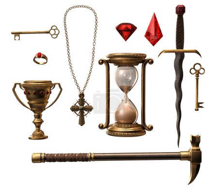 Téléchargez les photos : CGI Rendre des trésors Objets, bijoux, armes, clés - en image libre de droit