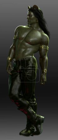 Foto de Sexy Fantasy Orc Hombre Guerrero Bárbaro con Piel Verde, Sin camisa, Buff, Musculoso - Imagen libre de derechos