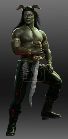 Sexy Fantasy Orc Hombre Guerrero Bárbaro con Piel Verde, Sin camisa, Buff, Musculoso
