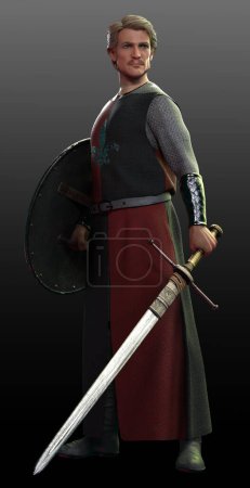 Photo for Fantasy Medieval Knight in Long Tabard with Sword and Shield - Royalty Free Image