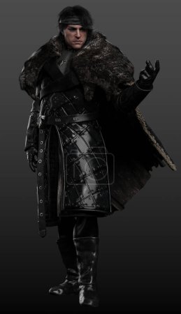 Foto de Fantasía Caballero oscuro medieval o guerrero en armadura de cuero negro, armadura acolchada, invierno - Imagen libre de derechos