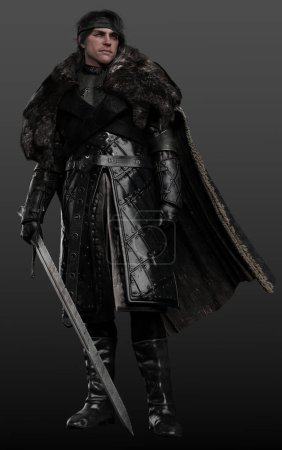 Foto de Fantasía Caballero oscuro medieval o guerrero en armadura de cuero negro, armadura acolchada, invierno - Imagen libre de derechos