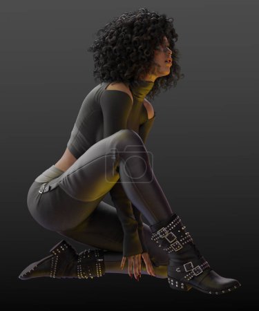 Foto de Urban Fantasy o Sci Fi POC Mujer con armadura táctica negra, Action Pose - Imagen libre de derechos