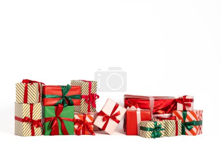 Beautifully wrapped Christmas presents isolated on white background. High quality photo
