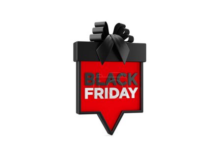Black Friday Sale. Advertising Discounts banner with red gift box-shaped speech bubble. Special offer price sign. Black Friday promotion on white background. 