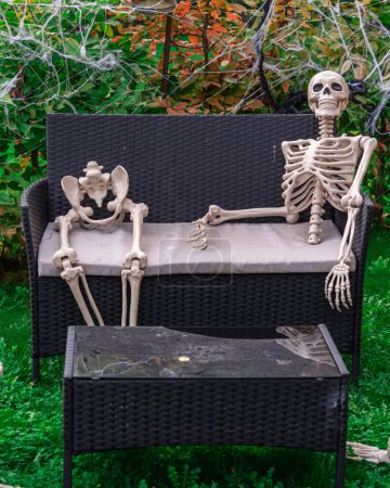 Foto de Dos esqueletos se sientan en un banco de mimbre negro en un jardín lleno de telarañas, creando una foto temática de Halloween espeluznante y creativa. Perfecto para fines de horror, humor o decoración. Marco vertical - Imagen libre de derechos