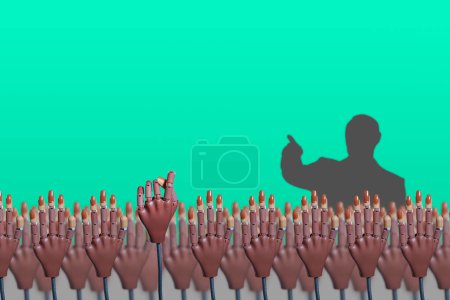 Una multitud de maniquíes levantan sus manos sobre un fondo turquesa, simbolizando la unidad o el voto. Una mano Fig signo, y una figura oscura apunta con un dedo. Conceptos de elección, liderazgo y protesta