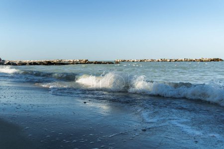Téléchargez les photos : Vague côtière sur une plage maritime avec des vagues douces et un ciel dégagé, représentant la paix et la tendance 2024 à renouer avec la nature - en image libre de droit