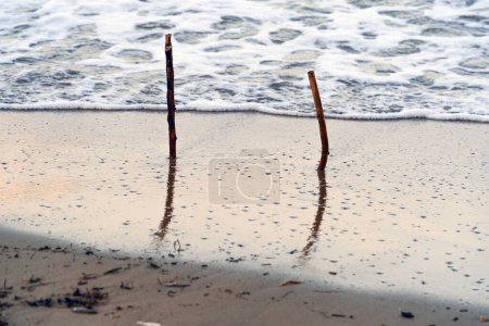 Zwei Stöcke ragen am Strand aus dem Sand. Die Stöcke sind im Wasser und das Wasser ist ruhig, perfekt für Themen wie Ruhe, Achtsamkeit und den Trend 2024, sich wieder mit der Natur zu verbinden.