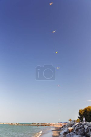 Vibrant kites soar in the clear blue sky above a bustling beach, encapsulating the joy of summer and the spirit of freedom